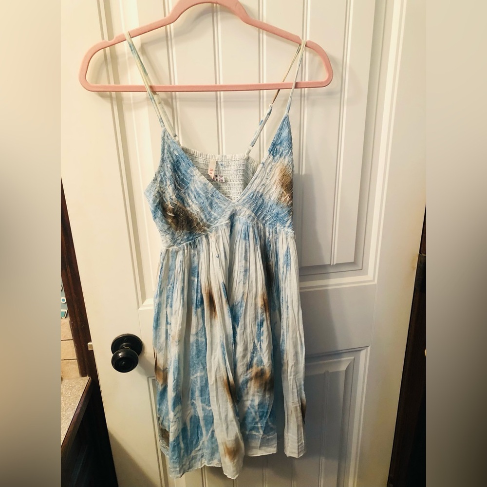 RAGA (anthropologie) Light Blue & Cream Tie-Dye Smocked Dress